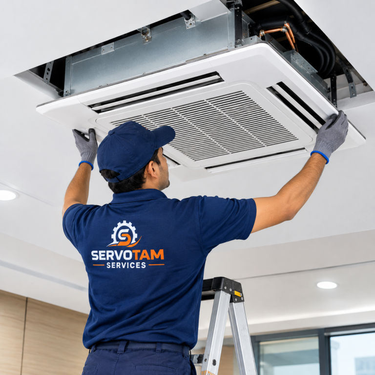 **Alt Text:** `Professional technician installing Cassette AC in Patna` **SEO-focused:** `Cassette AC installation service by professional technician in Patna`