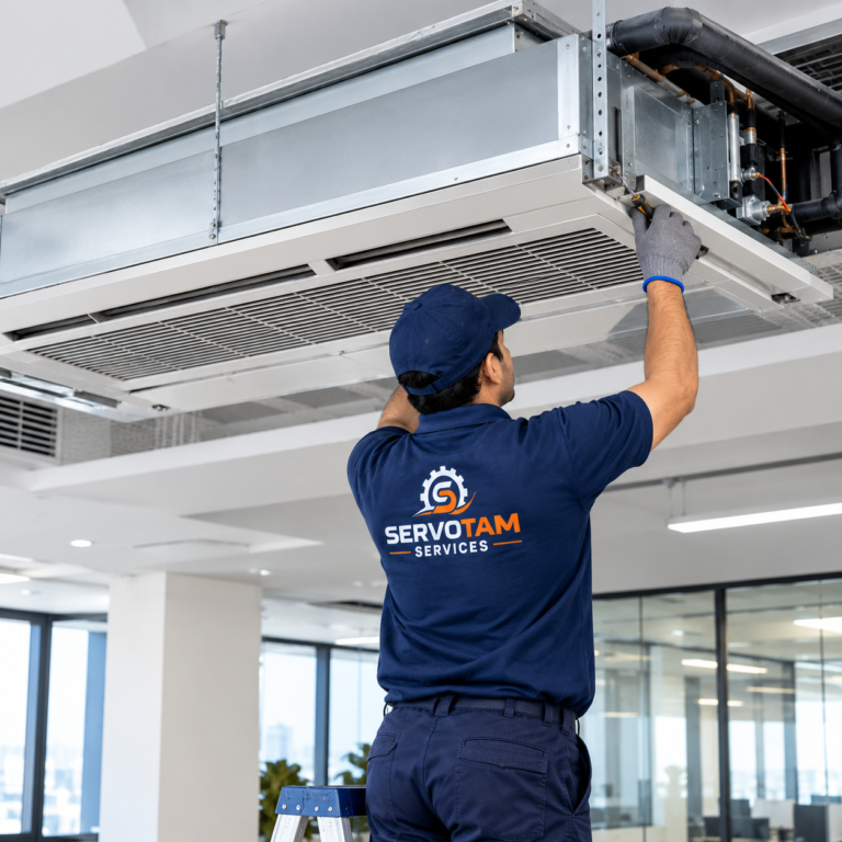 **Alt Text:** `Professional technician installing commercial AC in Patna` **SEO-focused:** `Commercial AC installation service by professional technician in Patna`