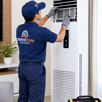 **Alt Text:** `Professional technician servicing Tower AC in Patna` **SEO-focused:** `Tower AC repair and service by professional technician in Patna`